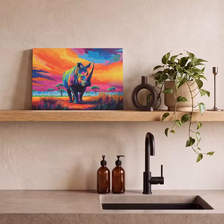 Canvas schilderij - Neushoorn - Zonsondergang - Savanna - Kleurrijk — 4