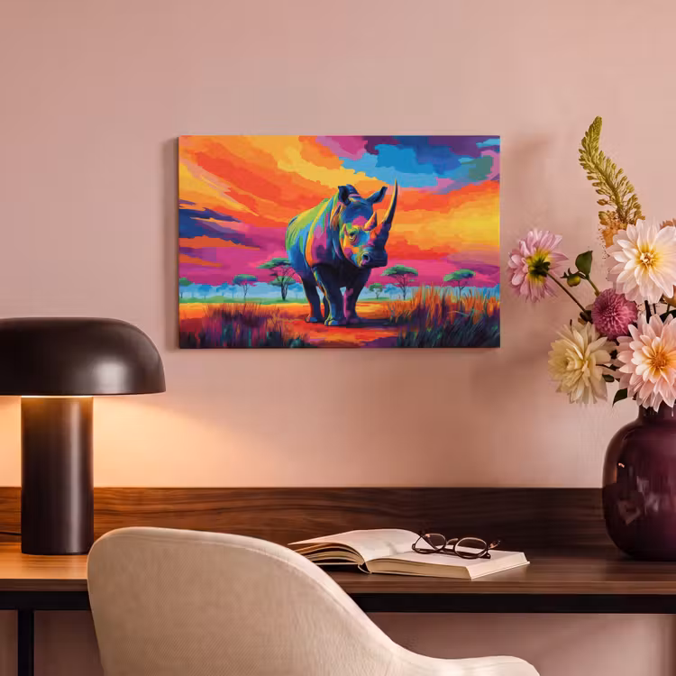 Canvas schilderij - Neushoorn - Zonsondergang - Savanna - Kleurrijk — 6