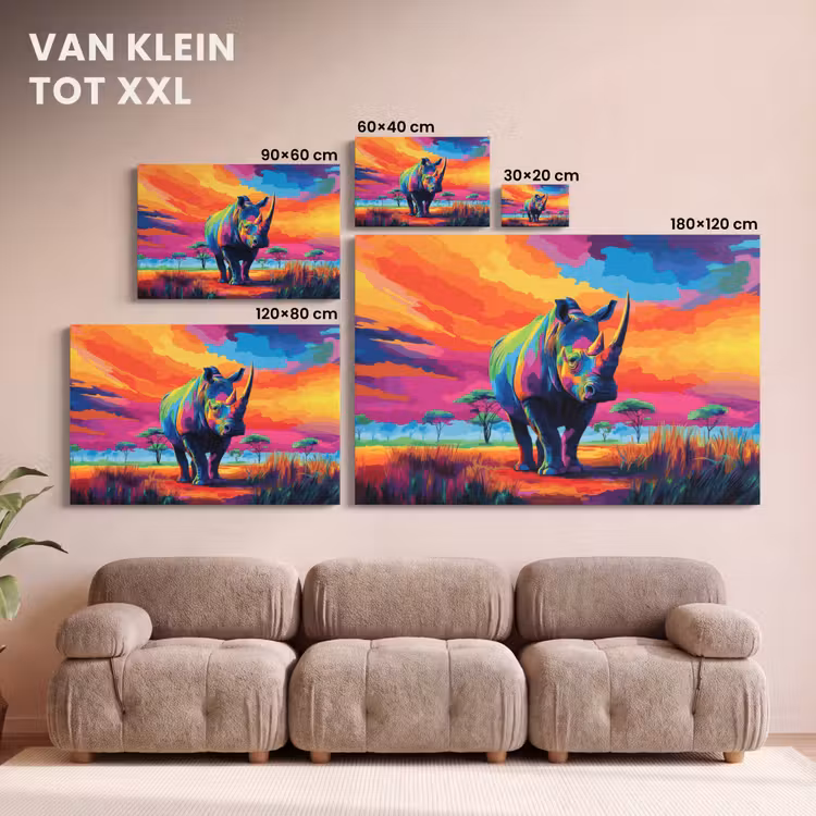 Canvas schilderij - Neushoorn - Zonsondergang - Savanna - Kleurrijk — 8