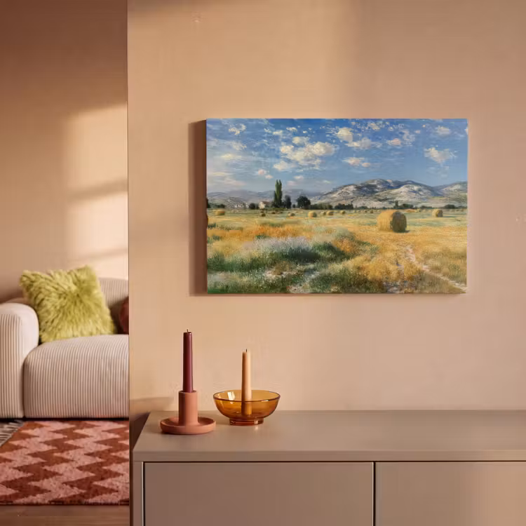Canvas schilderij - Landschap - Strobalen - Bergen - Wolken — 2
