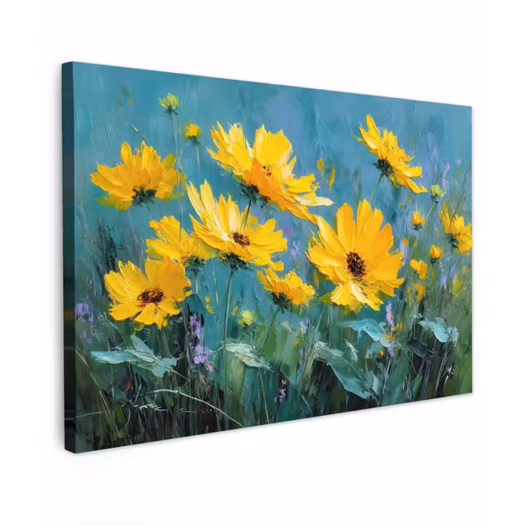 Canvas schilderij - Penseelstreken - Bloemen - Felgeel - Abstract — 1