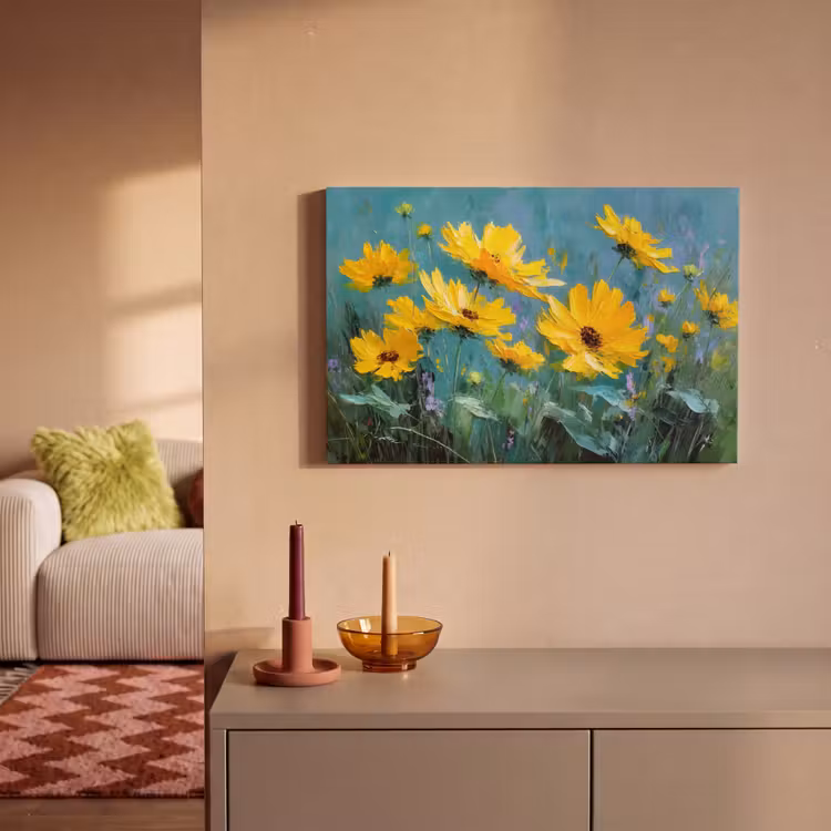 Canvas schilderij - Penseelstreken - Bloemen - Felgeel - Abstract — 2