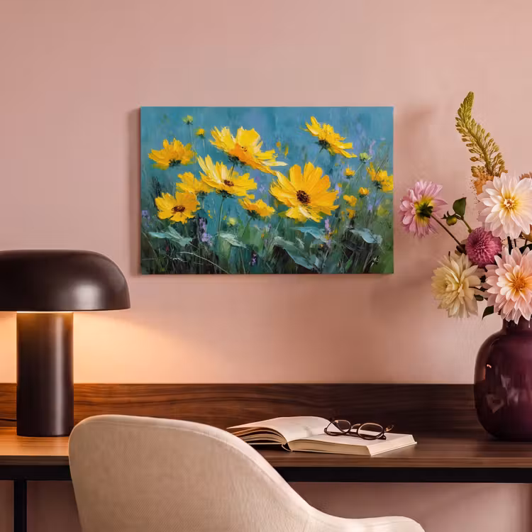 Canvas schilderij - Penseelstreken - Bloemen - Felgeel - Abstract — 6