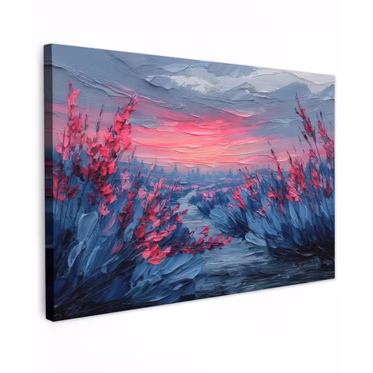 Canvas schilderij - Schilderij - Zonsondergang - Bloemen - Rivier — 1