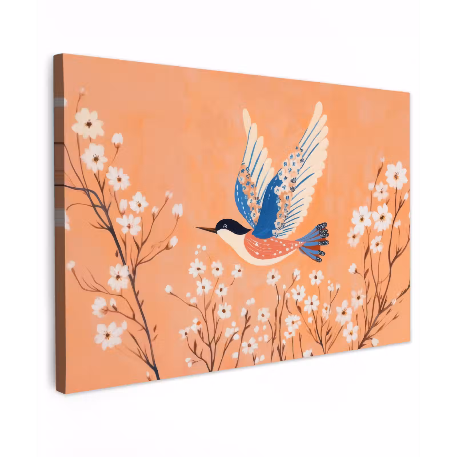 Canvas schilderij - Vogel - Bloesemtakken - Warm - Kleurrijk — 1