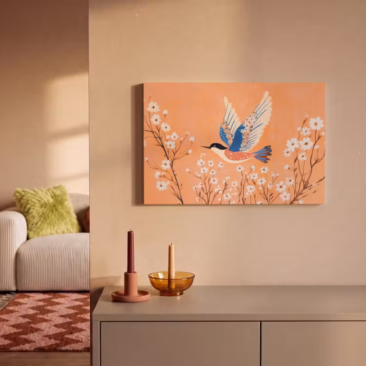 Canvas schilderij - Vogel - Bloesemtakken - Warm - Kleurrijk — 2