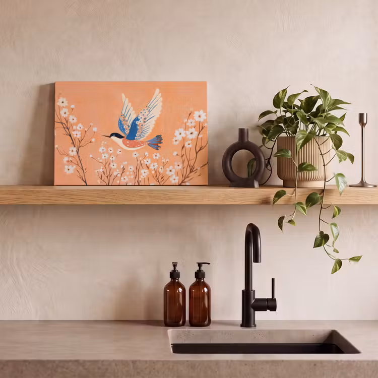 Canvas schilderij - Vogel - Bloesemtakken - Warm - Kleurrijk — 4