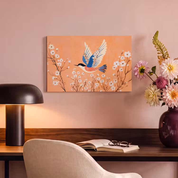 Canvas schilderij - Vogel - Bloesemtakken - Warm - Kleurrijk — 6