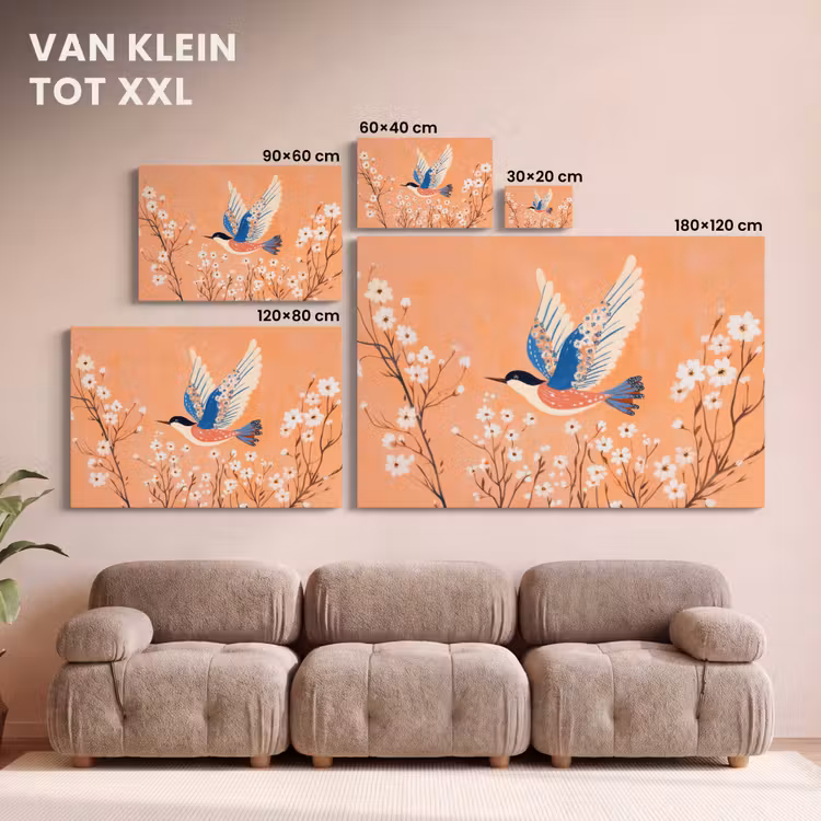 Canvas schilderij - Vogel - Bloesemtakken - Warm - Kleurrijk — 8