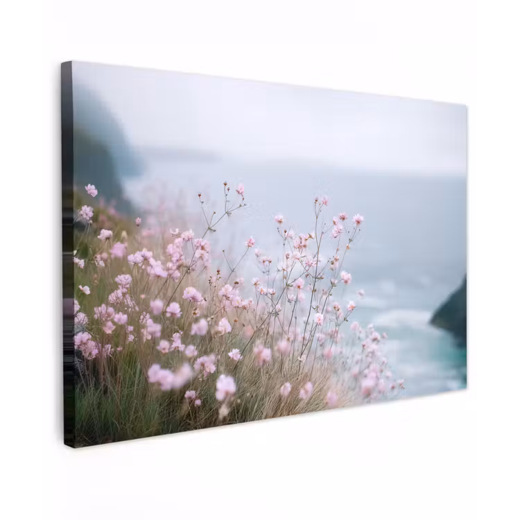 Canvas schilderij - Klif - Bloemen - Zee - Roze — 1