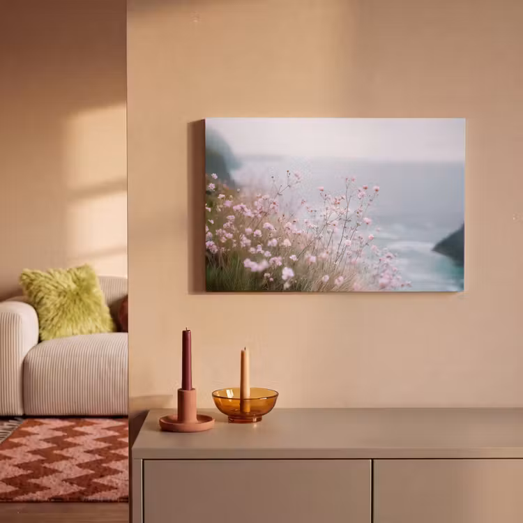 Canvas schilderij - Klif - Bloemen - Zee - Roze — 2