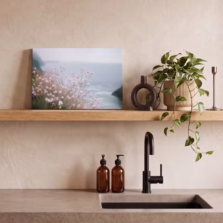 Canvas schilderij - Klif - Bloemen - Zee - Roze — 4