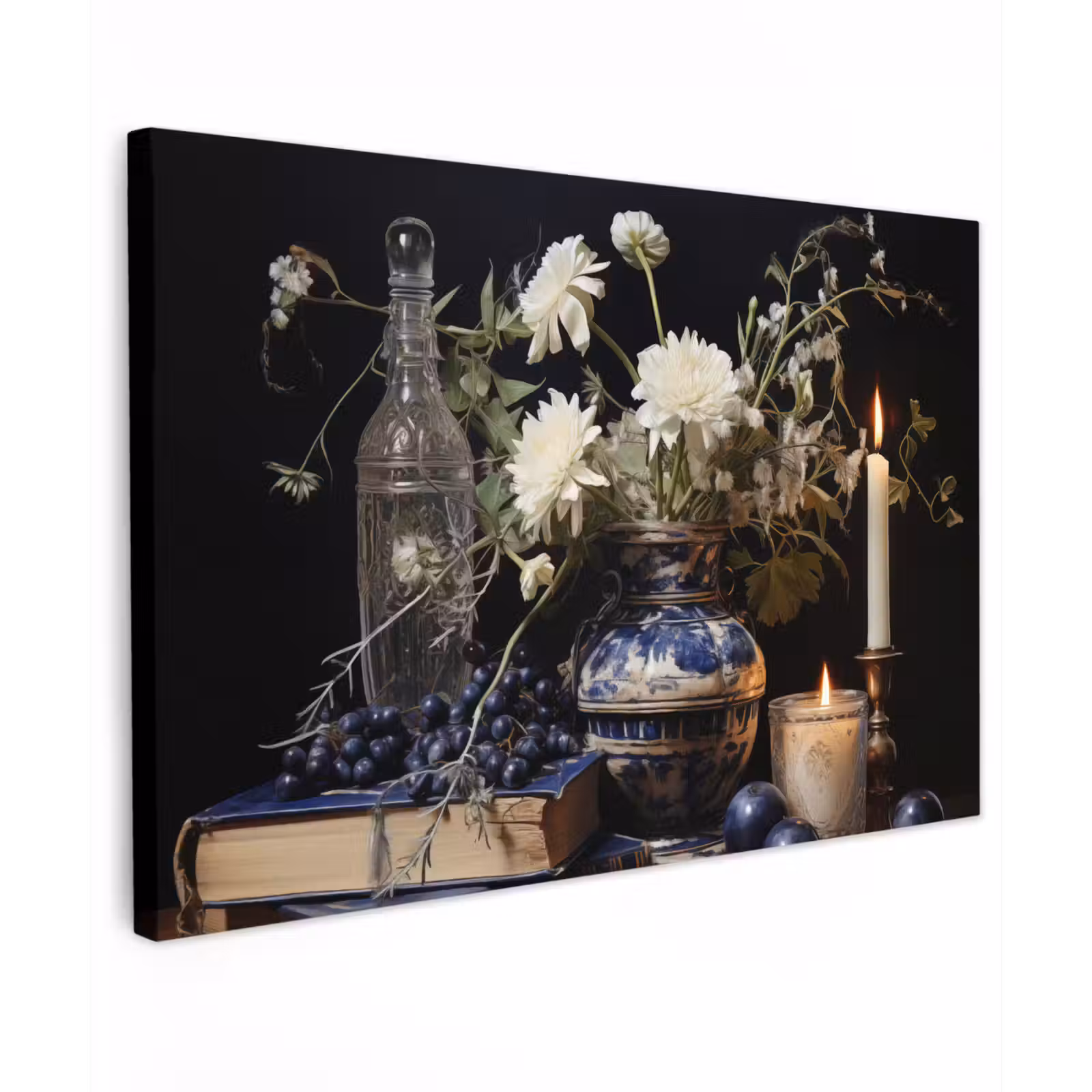 Canvas schilderij - Stilleven - Bloemen - Kaarsen - Delfts blauw - Wit — 1