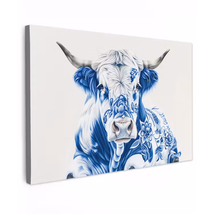 Canvas schilderij - Koe - Delfts blauw - Bloemen - Kunst — 1