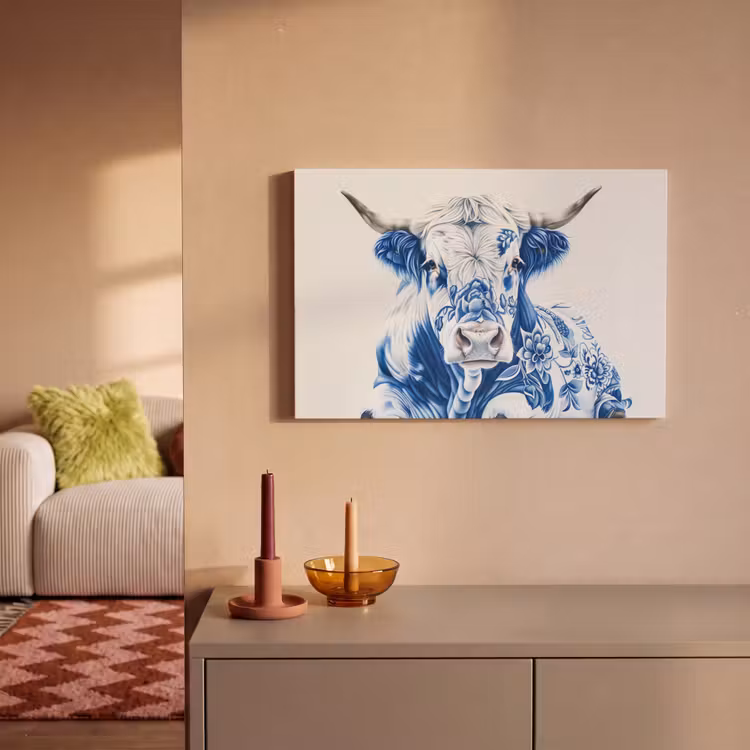 Canvas schilderij - Koe - Delfts blauw - Bloemen - Kunst — 2