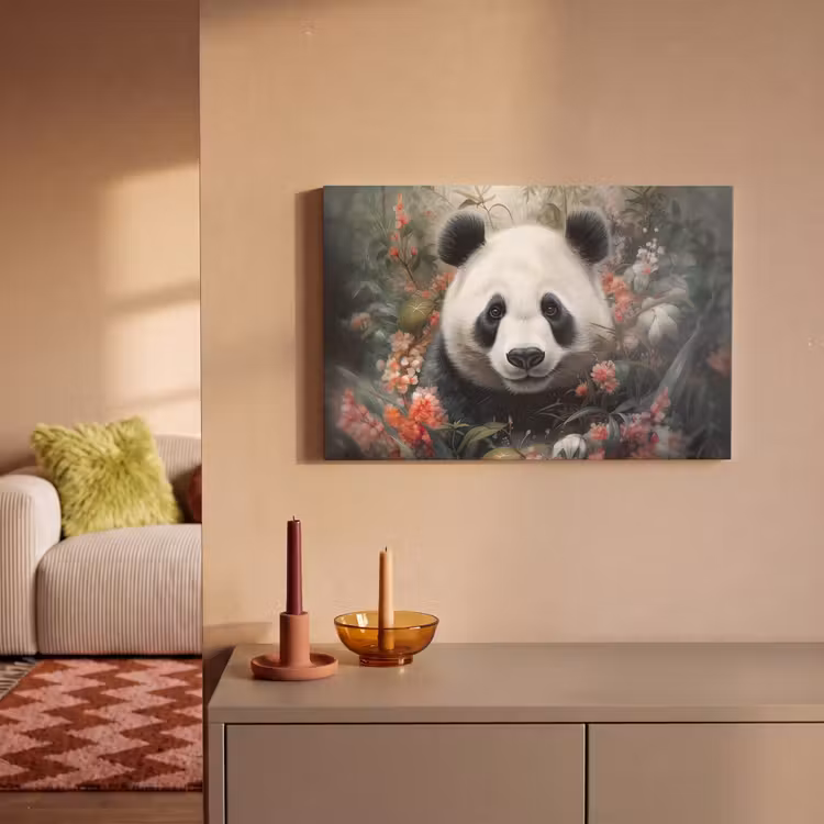 Canvas schilderij - Panda - Wilde dieren - Bloemen - Natuur — 2