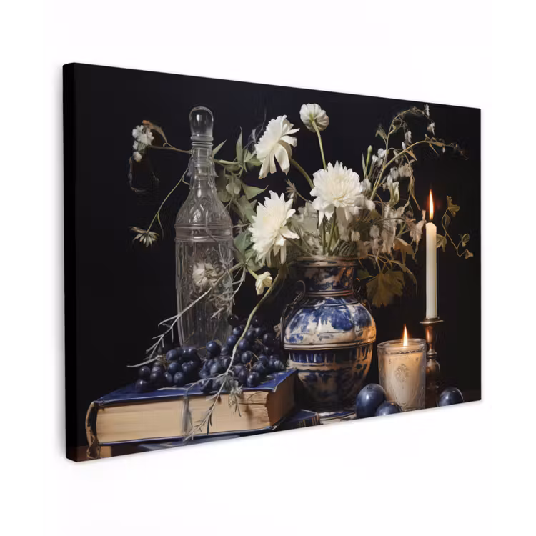 Canvas schilderij - Stilleven - Bloemen - Kaarsen - Delfts blauw - Wit — 1