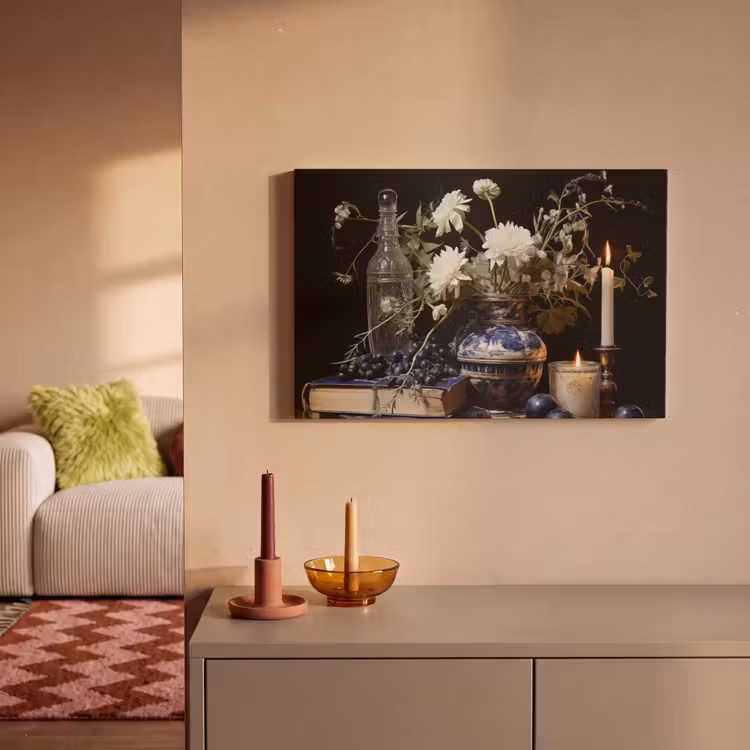 Canvas schilderij - Stilleven - Bloemen - Kaarsen - Delfts blauw - Wit — 2