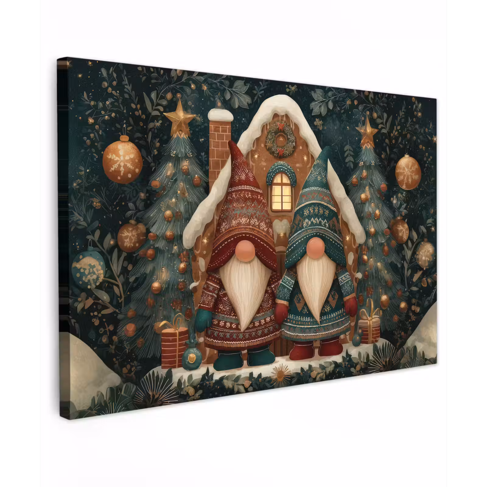 Canvas schilderij - Kerst - Gnomen - Peperkoekhuisje - Rood - Groen — 1