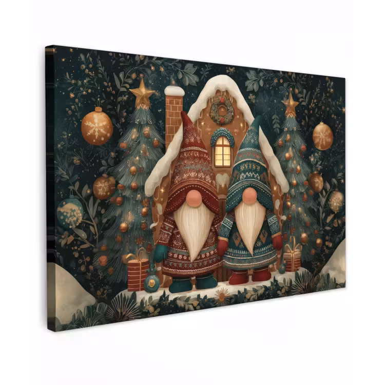 Canvas schilderij - Kerst - Gnomen - Peperkoekhuisje - Rood - Groen — 1