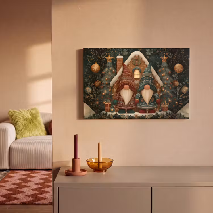Canvas schilderij - Kerst - Gnomen - Peperkoekhuisje - Rood - Groen — 2