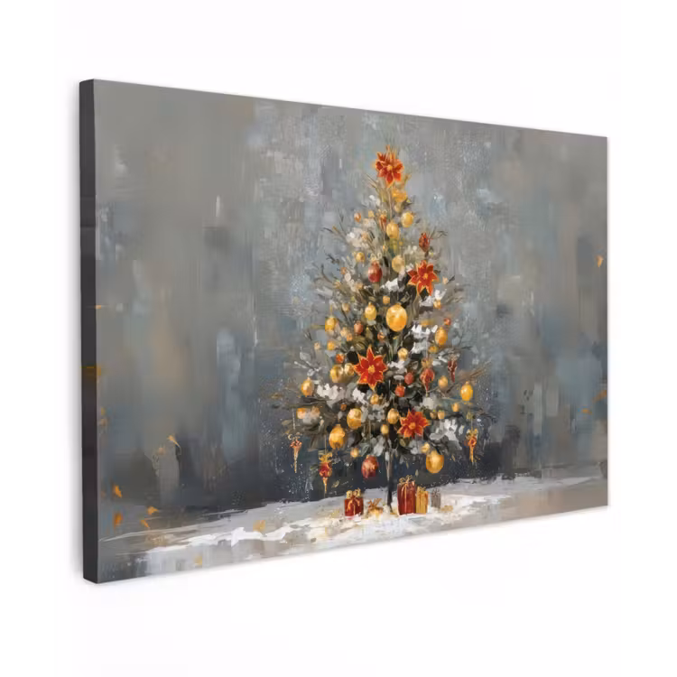 Canvas schilderij - Kerstboom - Cadeaus - Rood - Goud — 1