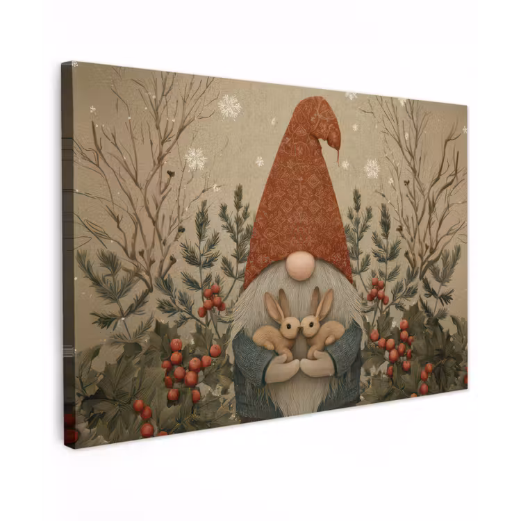 Canvas schilderij - Kerstgnome - Konijntjes - Kleurrijk — 1