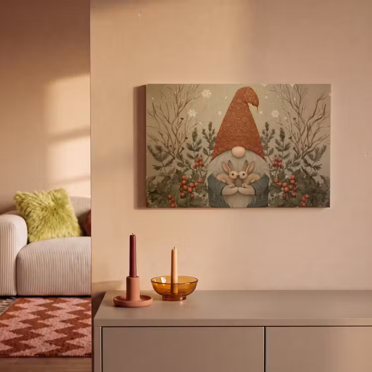 Canvas schilderij - Kerstgnome - Konijntjes - Kleurrijk — 2