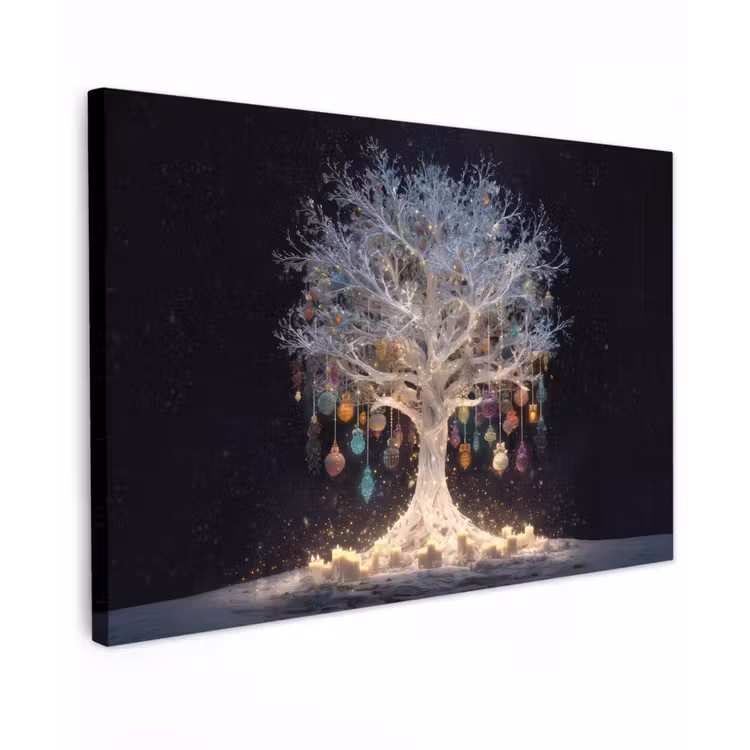 Canvas schilderij - Sneeuwboom - Lichtjes - Wit - Kleurrijk — 1