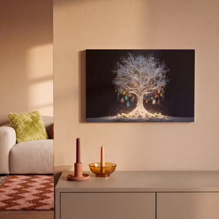 Canvas schilderij - Sneeuwboom - Lichtjes - Wit - Kleurrijk — 2
