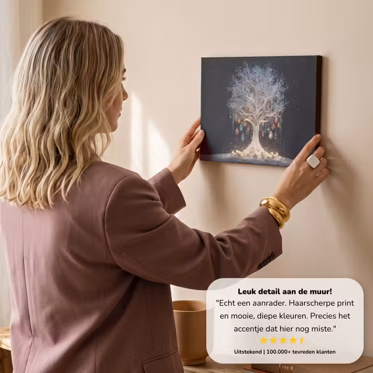 Canvas schilderij - Sneeuwboom - Lichtjes - Wit - Kleurrijk — 3