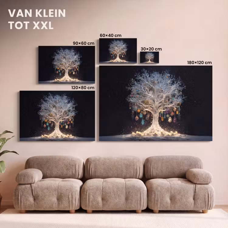 Canvas schilderij - Sneeuwboom - Lichtjes - Wit - Kleurrijk — 8