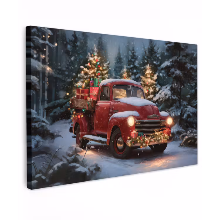 Canvas schilderij - Kersttruck - Sneeuwbos - Rood — 1
