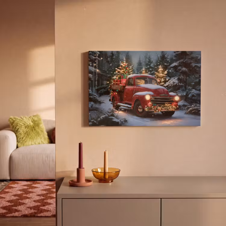 Canvas schilderij - Kersttruck - Sneeuwbos - Rood — 2