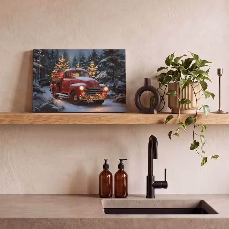 Canvas schilderij - Kersttruck - Sneeuwbos - Rood — 4