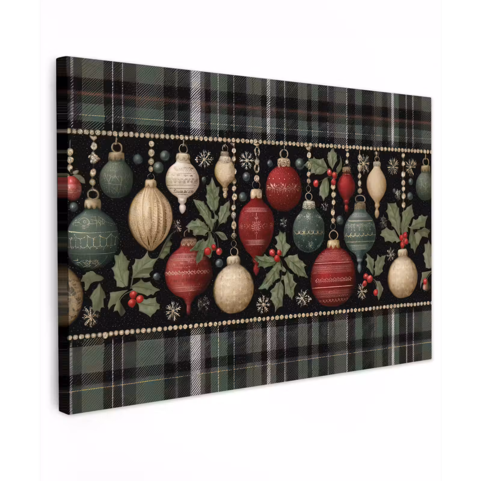 Canvas schilderij - Kerstballen - Rood - Hulsttakken - Patroon — 1