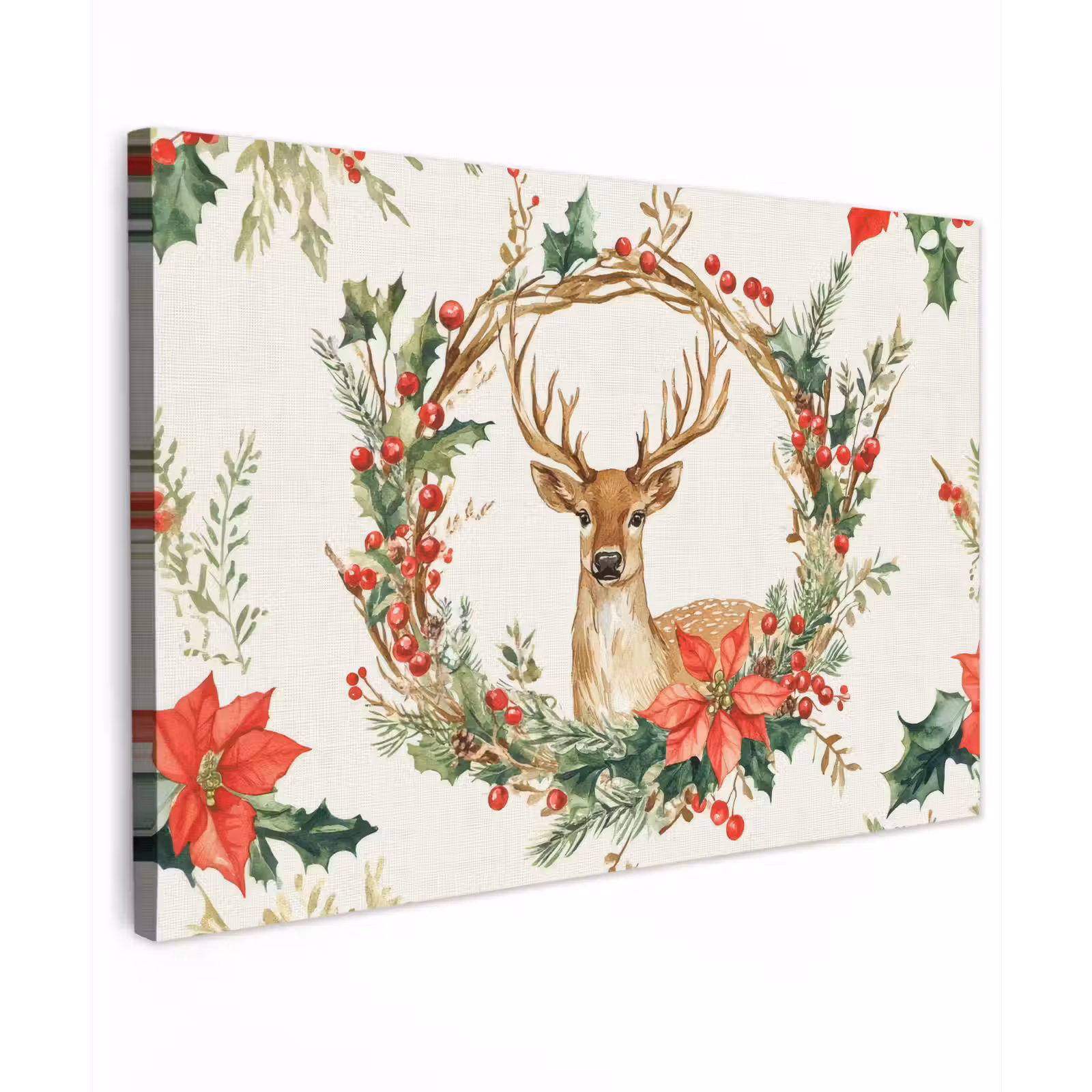 Canvas schilderij - Kerstkrans - Hert - Hulst - Rood — 1