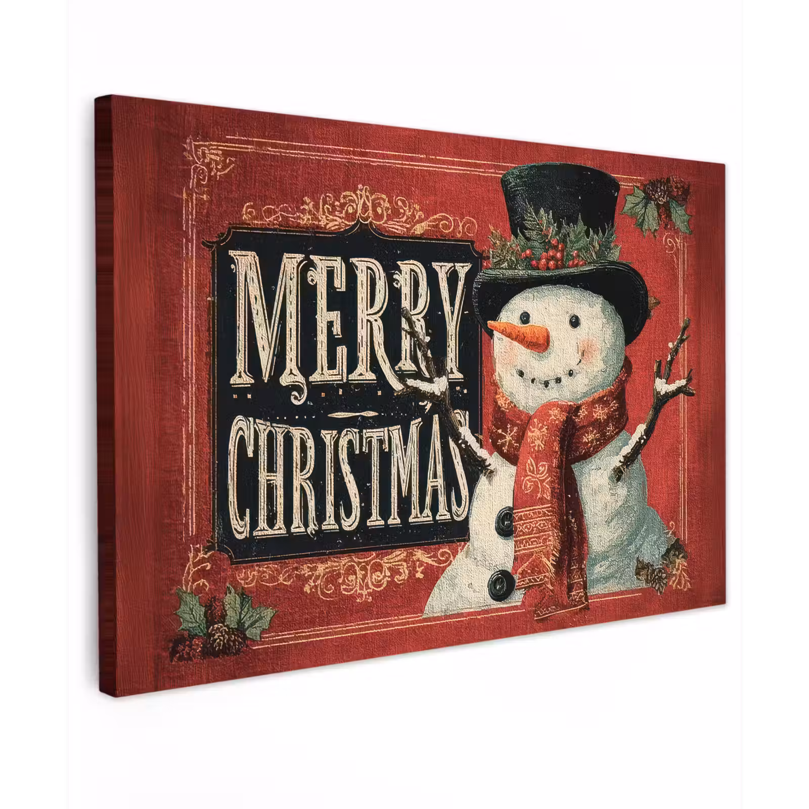 Canvas schilderij - Klassiek - Kerstgroet - Sneeuwpop - Rood — 1