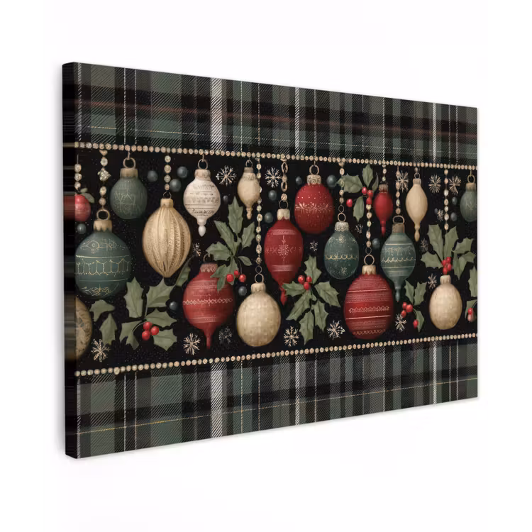 Canvas schilderij - Kerstballen - Rood - Hulsttakken - Patroon — 1