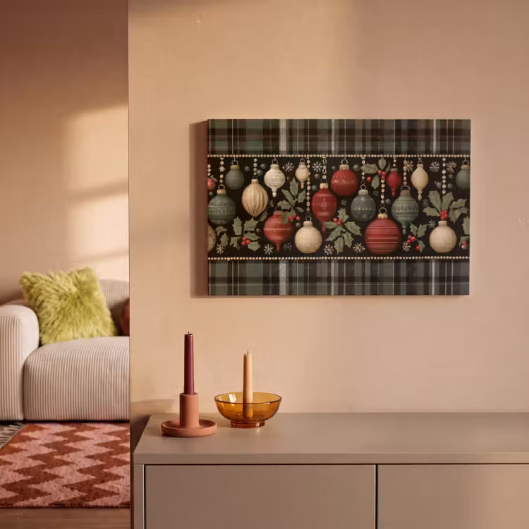 Canvas schilderij - Kerstballen - Rood - Hulsttakken - Patroon — 2