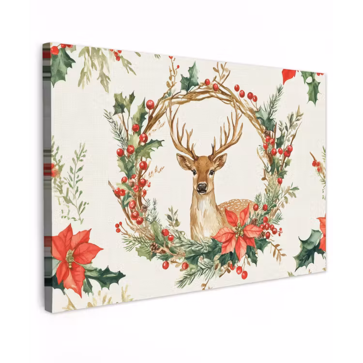 Canvas schilderij - Kerstkrans - Hert - Hulst - Rood — 1