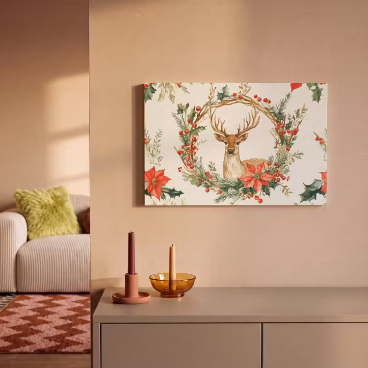 Canvas schilderij - Kerstkrans - Hert - Hulst - Rood — 2