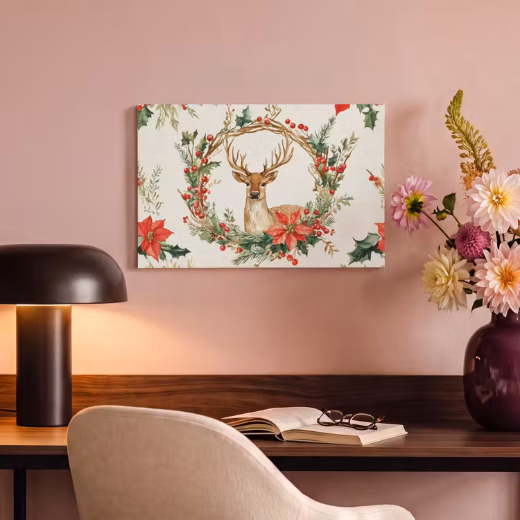 Canvas schilderij - Kerstkrans - Hert - Hulst - Rood — 6