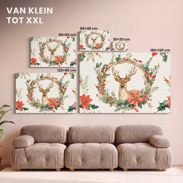Canvas schilderij - Kerstkrans - Hert - Hulst - Rood — 8
