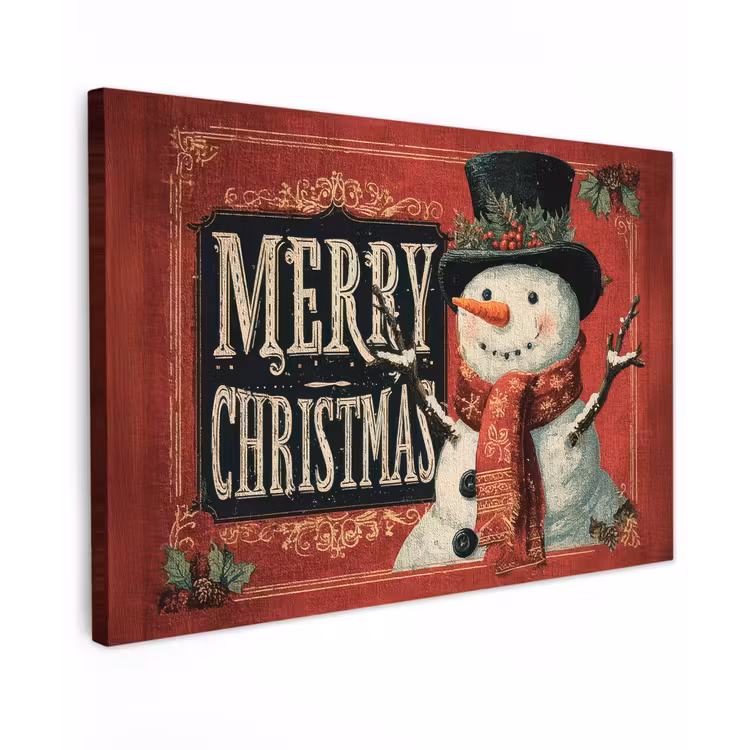 Canvas schilderij - Klassiek - Kerstgroet - Sneeuwpop - Rood — 1