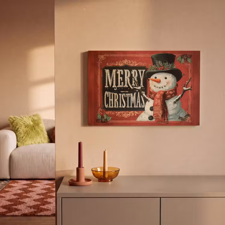 Canvas schilderij - Klassiek - Kerstgroet - Sneeuwpop - Rood — 2