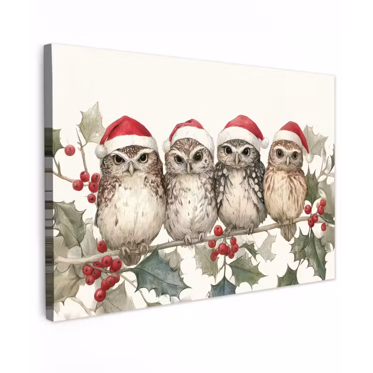 Canvas schilderij - Uilen - Tak - Hulstblaadjes - Kerstmuts — 1
