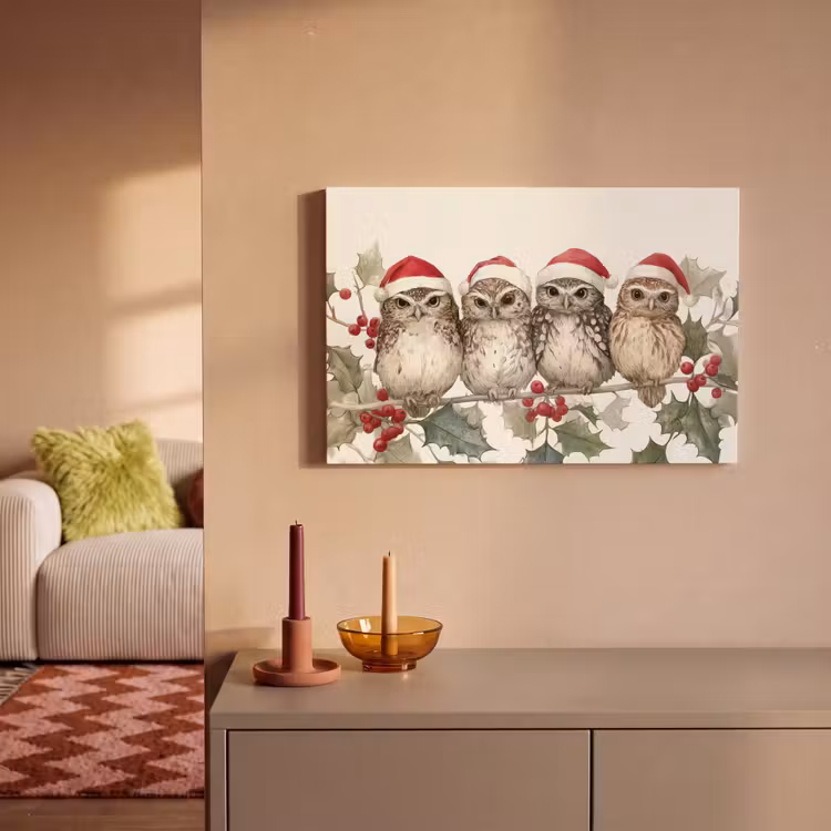 Canvas schilderij - Uilen - Tak - Hulstblaadjes - Kerstmuts — 2