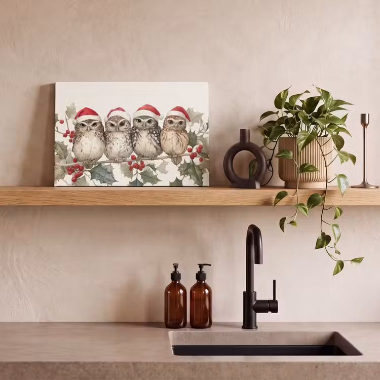 Canvas schilderij - Uilen - Tak - Hulstblaadjes - Kerstmuts — 4