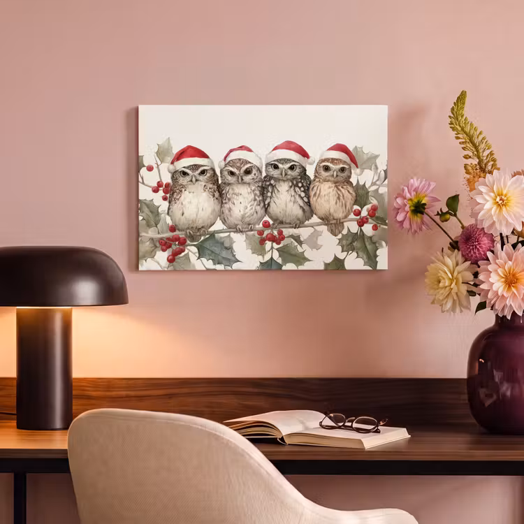 Canvas schilderij - Uilen - Tak - Hulstblaadjes - Kerstmuts — 6